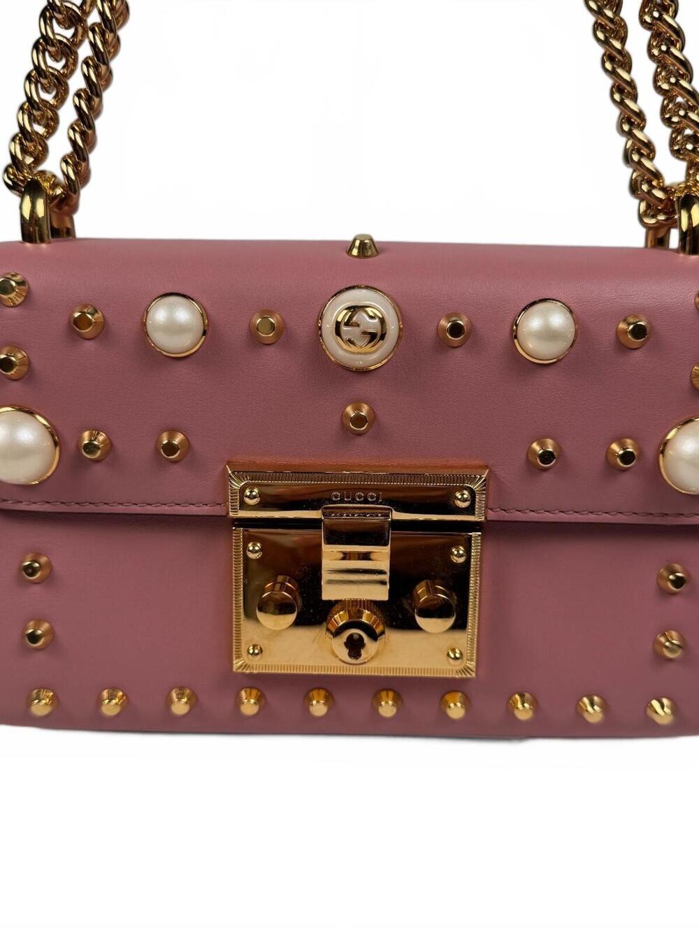 Gucci Padlock Pink Leather Studded Pearl Chain Shoulder Bag
